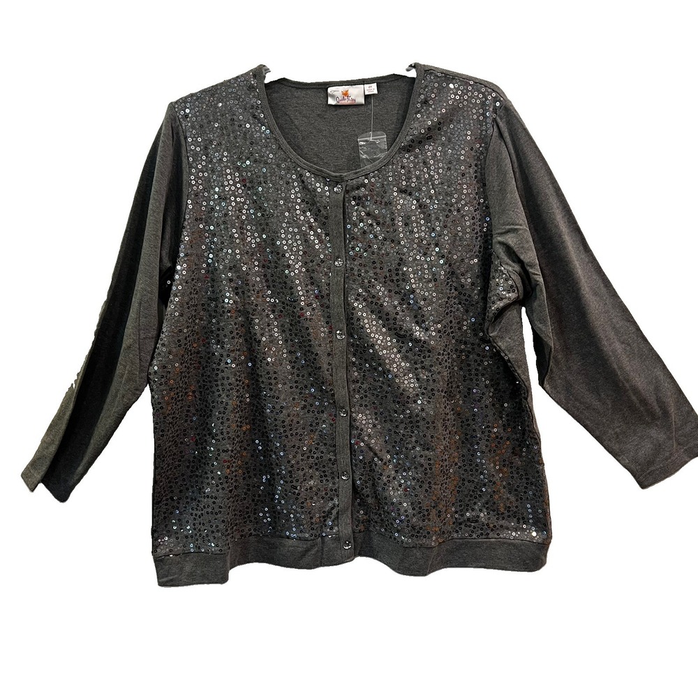 Quacker Factory 2X Gray Sequin Cardigan Faux Tank Twin Set Sparkle Knit NWOT